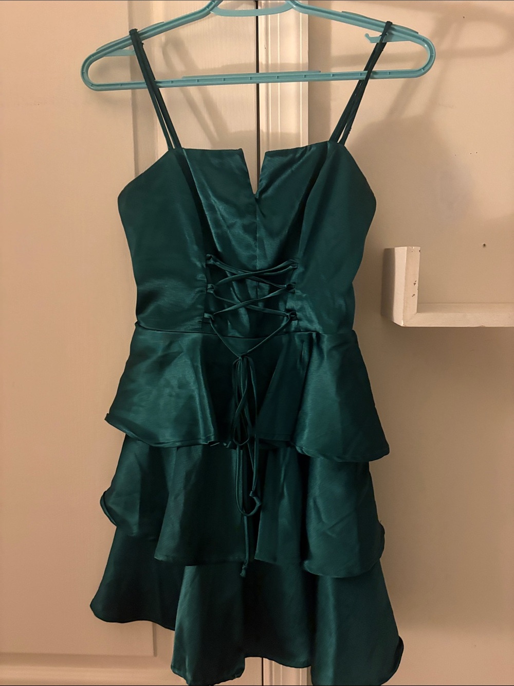 Altard Sate Emerald Green Satin Tiered Lace-Up Mini Dress